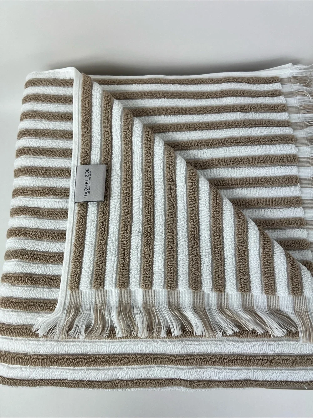 Rachel Zoe Bath Towel Set Beige White Striped with Fringe Soft Cotton 8 Pc NEW